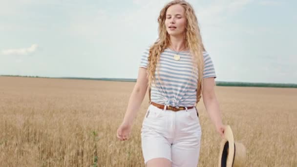 Entspannte schöne Dame mit langen Haaren und breitem Lächeln, die durch das Weizenfeld wacht, fühlt sie sich großartig und glücklich — Stockvideo