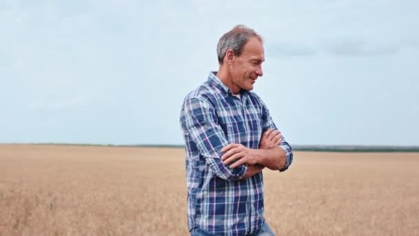 Orang tua petani di tengah-tengah ladang gandum muda mengambil beberapa gandum di tangan dan meniup mereka di depan kamera — Stok Video