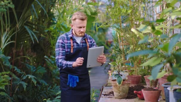 온실에서 행복 한 정원사가 장식용 화초를 심는 일을 마친 후 전자 타블렛을 사용하면서 몇 장의 사진을 찍는다 — 비디오