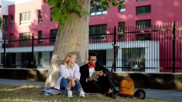 No meio da rua para baixo na grama dois casais multirraciais felizes ao lado da árvore têm uma conversa agradável que passar um bom tempo. Tiro em ARRI Alexa Mini — Vídeo de Stock