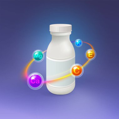 Gerçekçi vitamin plastik şişesi. Vitaminler ve mineraller ile çevrili çok renkli ışık çemberi. Cam kapsül, vitamin, tablet ve Mock Up ile yaratıcı tasarım.