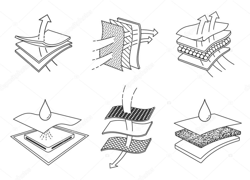 Set icons of absorbent sheets and diapers. advertising layered materials, fabric layers, napkin, sanitary pad,  mattresses and adults.