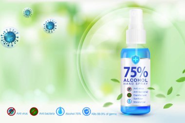 Hand sanitizer spray 75% alcohol components, kill up to 99.99% of covid-19 viruses, bacteria and germs, packed in clear plastic bottles used to spray parts of the body Corona virus protection. clipart
