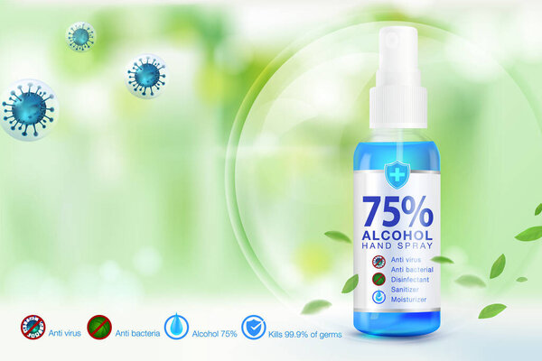 Hand sanitizer spray 75% alcohol components, kill up to 99.99% of covid-19 viruses, bacteria and germs, packed in clear plastic bottles used to spray parts of the body Corona virus protection.