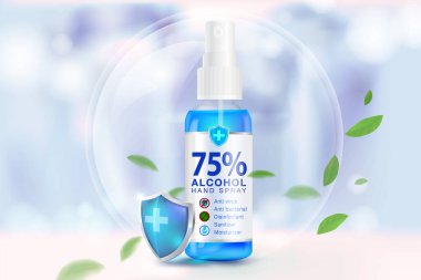 El dezenfektanı% 75 alkol spreyi, bulanık mavi arka planda covid-19 virüslerinin% 99.99 'u, bakteriler ve mikroplar öldürüyor. Püskürtmek için kullanılan temiz plastik şişeleri paketle. Gerçekçi dosya.