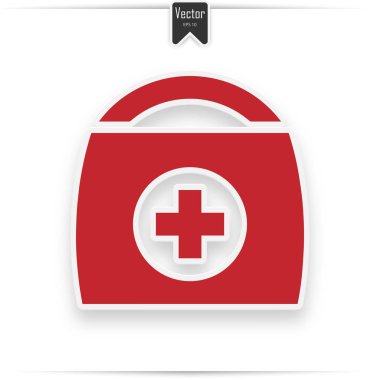 İlk yardım seti, kırmızı ve beyaz renklerde, vektör çizim tıbbi yardım simgesi.