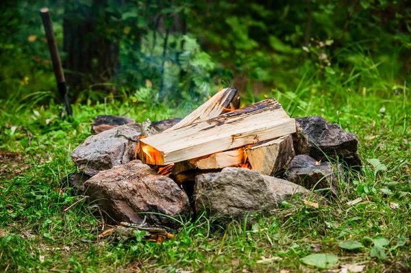 fire in the circle of stones in the forest