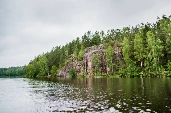 orman ile sakin göl ve kayalık kıyı