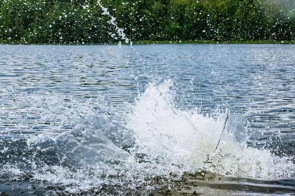 Salpicadura Agua Con Muchas Gotas Lago Día Verano — Foto de Stock