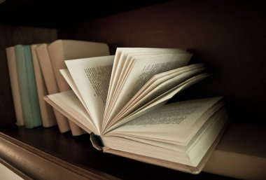 kitaplık, açık yatan bir kitap, sayfaları dışarı fan