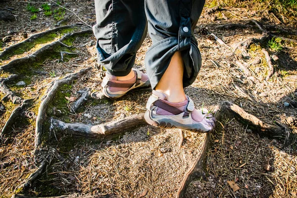 Die Füße Gehen Auf Den Waldweg Das Mädchen Klettert Die — Stockfoto