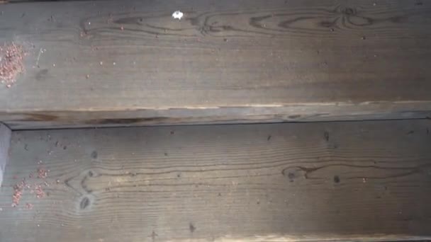 Поднимаясь Деревянной Лестнице Рушащемся Доме — стоковое видео