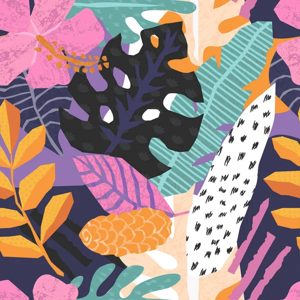 Векторный Бесшовный Рисунок Тропическими Листьями Джунглей Объекты Удобно Сгруппированы Легко — стоковый вектор
