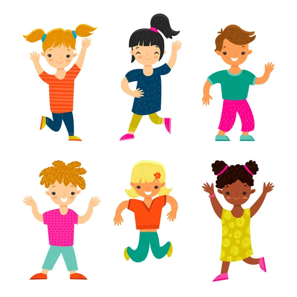 Glücklich Lächelnde Kinder Unterschiedlicher Ethnien Und Geschlechter Cartoon Stil — Stockvektor