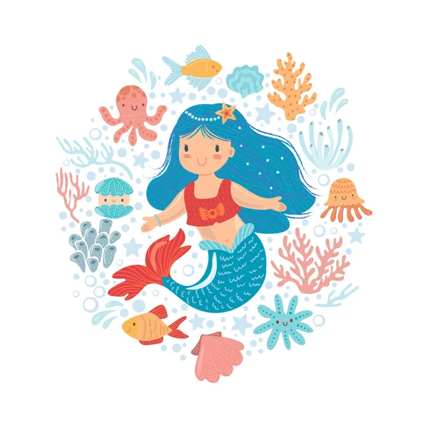 小さな魚や他の海の住民ベクトルイラストとかわいい人魚 女の赤ちゃん人魚のキャラクター — ストックベクタ