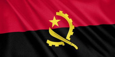 Angola bayrağı sallayarak Rüzgar, geniş format, 3d çizim ile. 3D render.