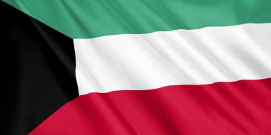 Kuveyt bayrağı sallayarak Rüzgar, geniş format, 3d çizim ile. 3D render.