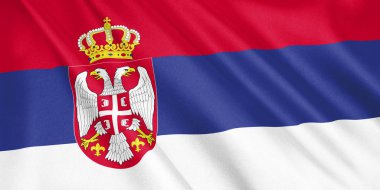 Sırbistan bayrağı sallayarak Rüzgar, geniş format, 3d çizim ile. 3D render.