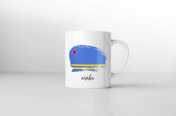 Caneca Lembrança Bandeira Aruba Fundo Branco Renderização — Fotografia de Stock