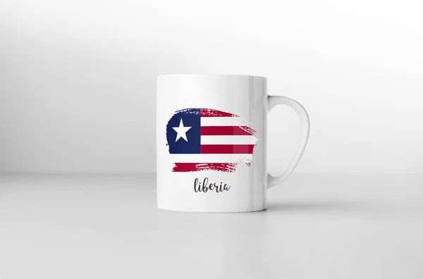 Caneca Lembrança Bandeira Libéria Fundo Branco Renderização — Fotografia de Stock