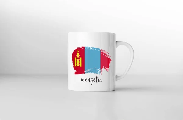 Caneca Lembrança Bandeira Mongólia Fundo Branco Renderização — Fotografia de Stock