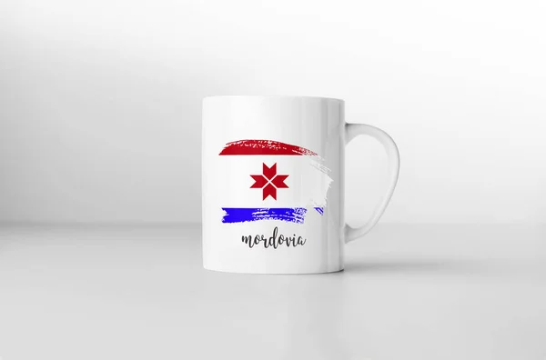 Caneca Lembrança Bandeira Mordovia Fundo Branco Renderização — Fotografia de Stock