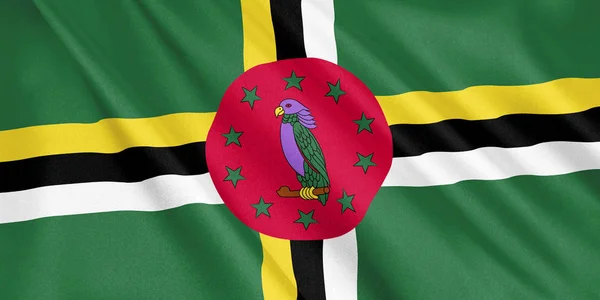 Dominika Mávání Vlajkami Větrem Široký Formát Obrázek Vykreslování — Stock fotografie