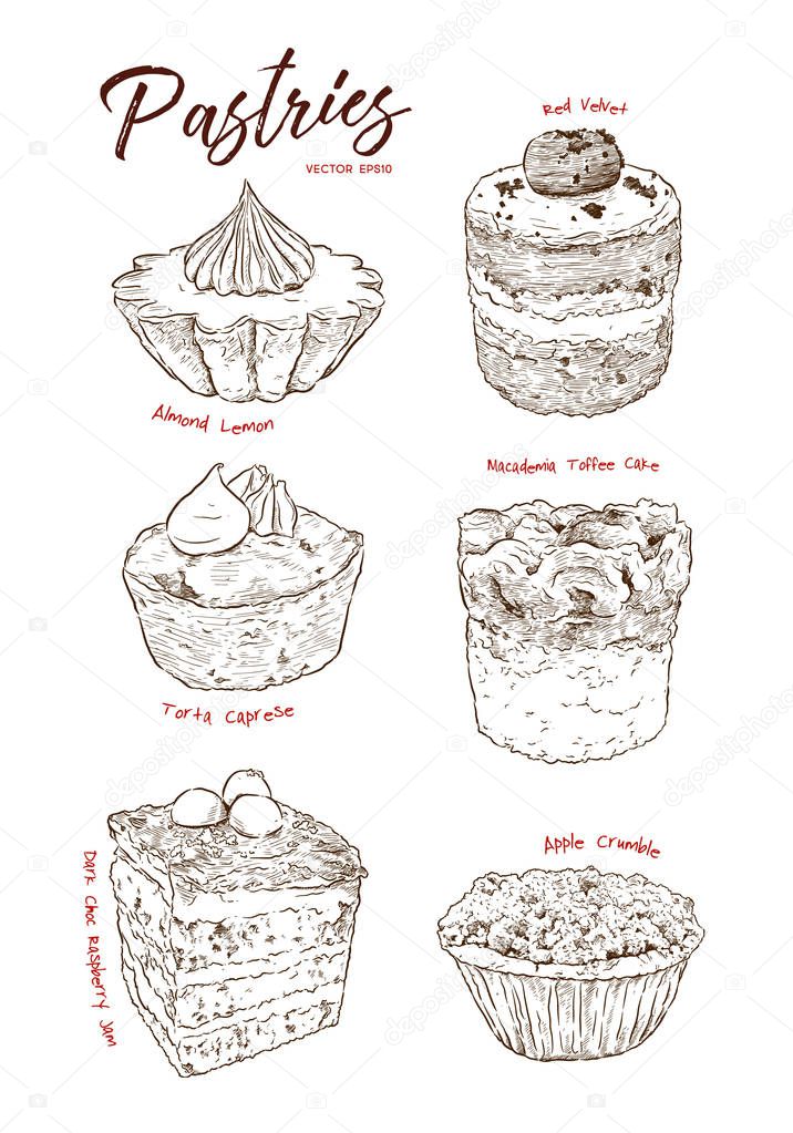 Hand drawn watercolor cakes set, sweets collection, isolated on white background. Food design.