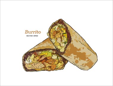 California Burrito. Guacamole, patates kızartması, peynir, tavuk, kızarmış yumurta, pirinç fasulye ve ekşi krema. El çizmek sketch vektör. Meksika yemeği set