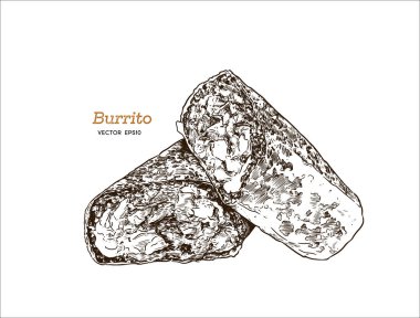 California Burrito. Guacamole, patates kızartması, peynir, tavuk, kızarmış yumurta, pirinç fasulye ve ekşi krema. El çizmek sketch vektör. Meksika yemeği set