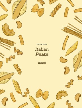 Makarna koleksiyonu, el çizmek sketch vektör. menü veya İtalyan restoranı için poster.