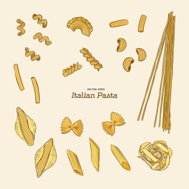 Makarna ayarlayın. Makarna el çizmek sketch vektör türüdür. İtalyan foos kavramı