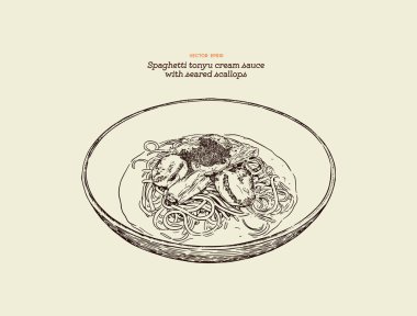 Kurutulmuş tarak Tonyu krema soslu spagetti. İllüstrasyon vektör. El çizmek füzyon gıda.