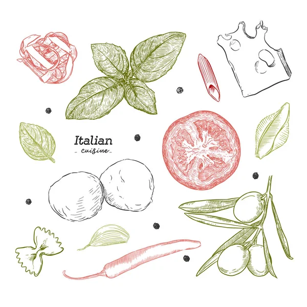 Set Con Illustrazioni Disegnate Mano Cibo Cucina Italiana Ingresso Cucina — Vettoriale Stock