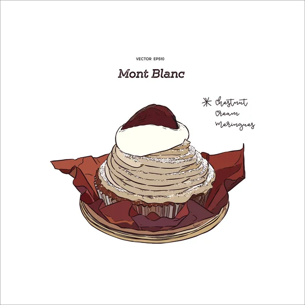 Torta Tradizionale Francese Monte Bianco Con Crema Castagne Disegnare Mano — Vettoriale Stock