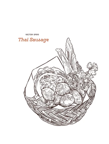 Thai Sausage Style Sausage Northeastern Style Servito Cestino Con Contorni — Vettoriale Stock