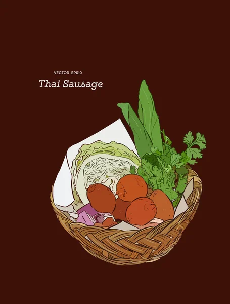 Style Saucisse Thaïlandaise Saucisse Style Nord Est Servi Dans Panier — Image vectorielle