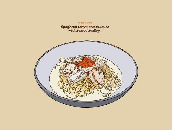 Spagetti Tonyu Tejszínes Mártással Sült Fésűkagyló Illusztráció Vektor Kézi Felhívni — Stock Vector