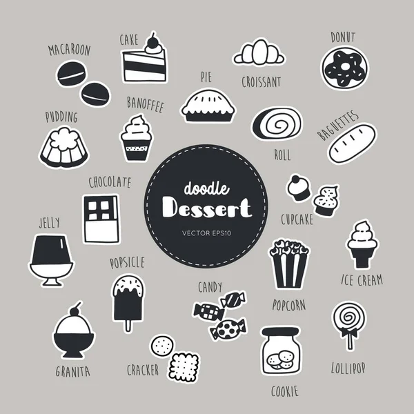 Postre Dulce Mano Dibujado Doodle Iconos Conjunto — Vector de stock