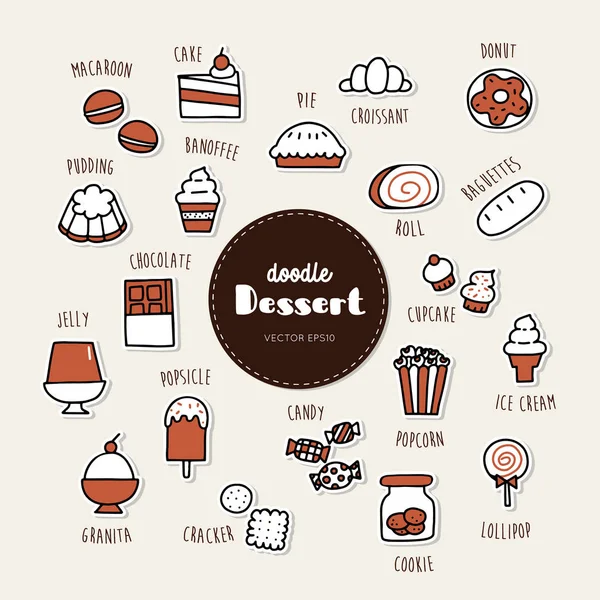 Postre Dulce Mano Dibujado Doodle Iconos Conjunto — Vector de stock