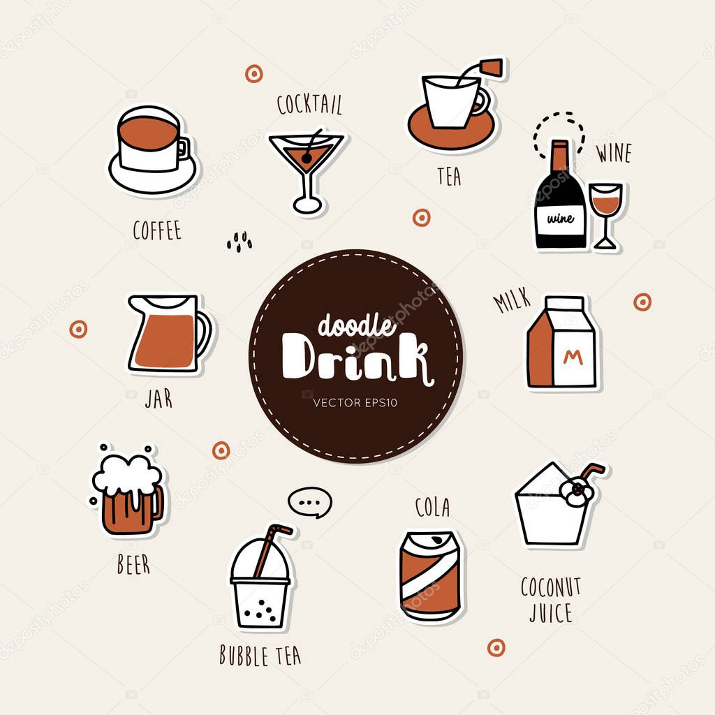 Vector set with beverages hand drawn doodles.