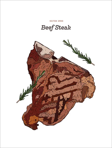 Grilovaný Hovězí Steak Ruka Kreslení Náčrtu Vektor — Stockový vektor