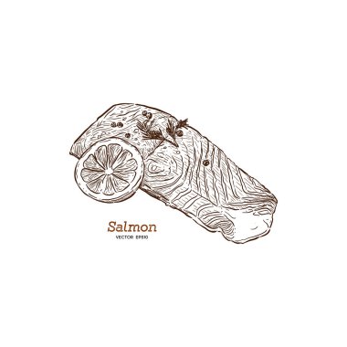 illüstrasyon vektör somon steak el çekilmiş. Biberiye, limon, balık öğeleri