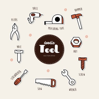 Vektör araçları simgeleri ayarlayın. El çizmek Doodle vektör.. 