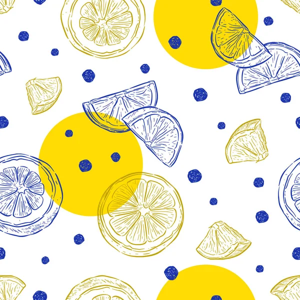 Frische Zitronen Hintergrund Von Hand Gezeichnet Farbenfrohe Nahtlose Muster Mit — Stockvektor