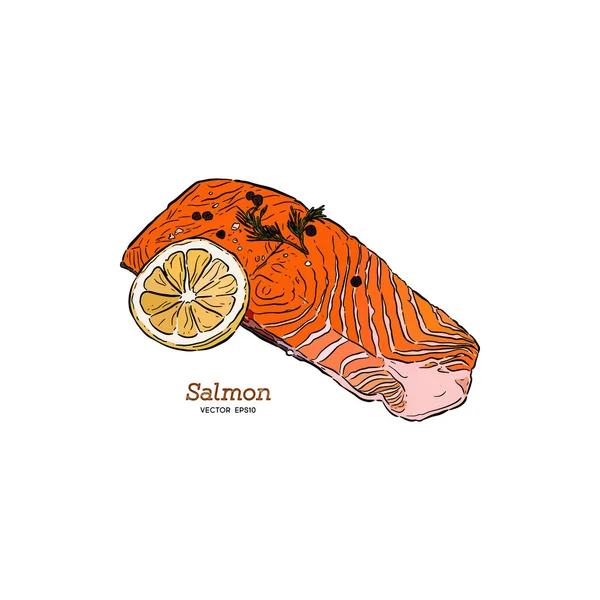 Vektor Lososový Steak Ručně Tažené Ilustrace Rozmarýn Citron Ryby Prvky — Stockový vektor
