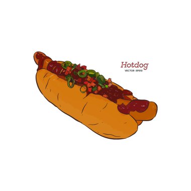 Sosisli sandviç, kroki, vektör çizim, lokanta. Barbekü sosu, pastırma ve soğan ile Frank sosis.