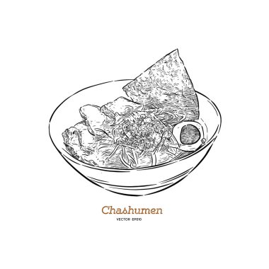 Chashumen ramen noodle, el çizmek sketch vektör. japameese gıda.
