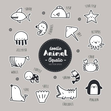 Su, hayvan simgesi el dizi doodle çizmek 