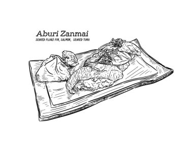 Nigiri suşi, el çizmek sketch vektör. Aburi zanmai. Kurutulmuş fluck fin, somon amd ton balığı nigiri katılaşmış. Japon yemekleri.